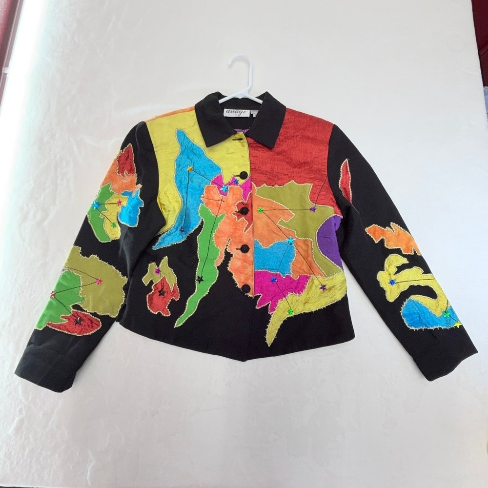 Vintage Anage Patchwork Jacket Women M Multi Color Star Embroidered Wearable Art - Picture 4 of 9